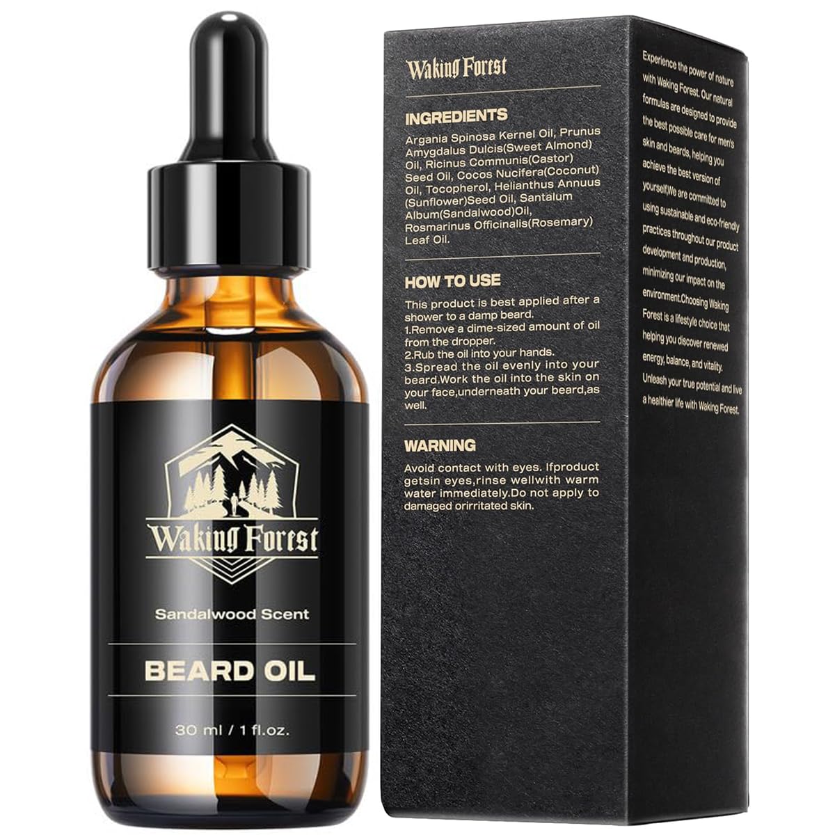 Waking Forest Sandalwood Beard Oil on wood showcases premium packaging.