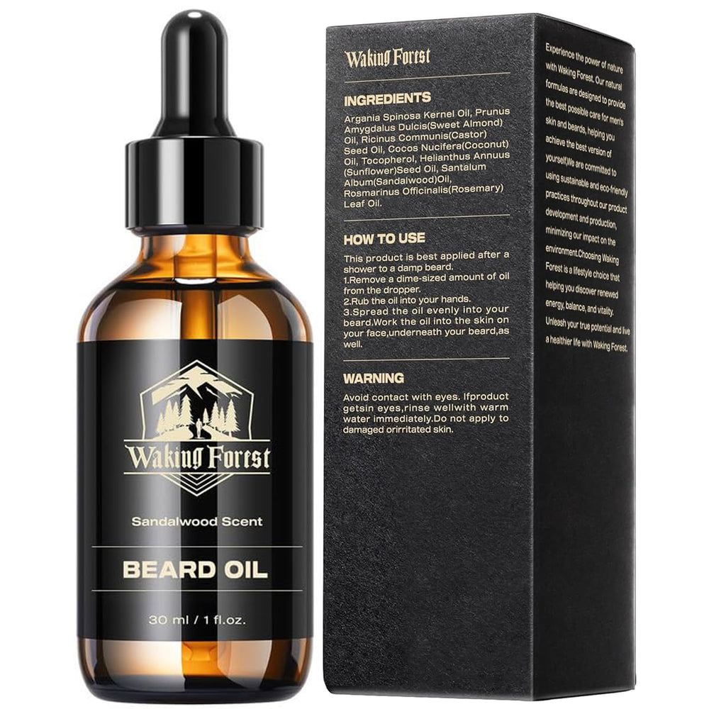 Waking Forest Sandalwood Beard Oil on wood showcases premium packaging.