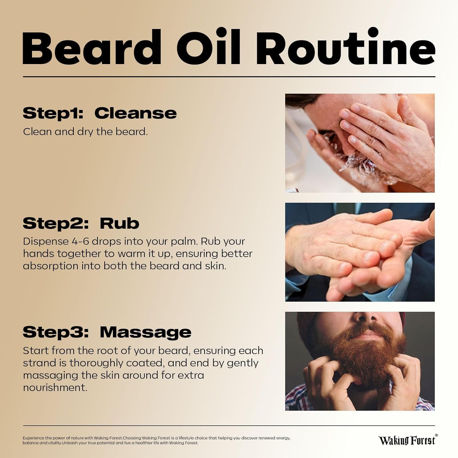 Waking Forest Sandalwood Beard Oil scent close-up conveys warm sandalwood aroma.