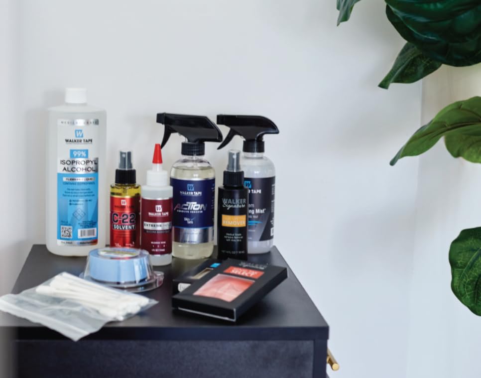 Bag contents of Walker Tape No Shine adhesive pictured with 36 pieces for multiple uses.