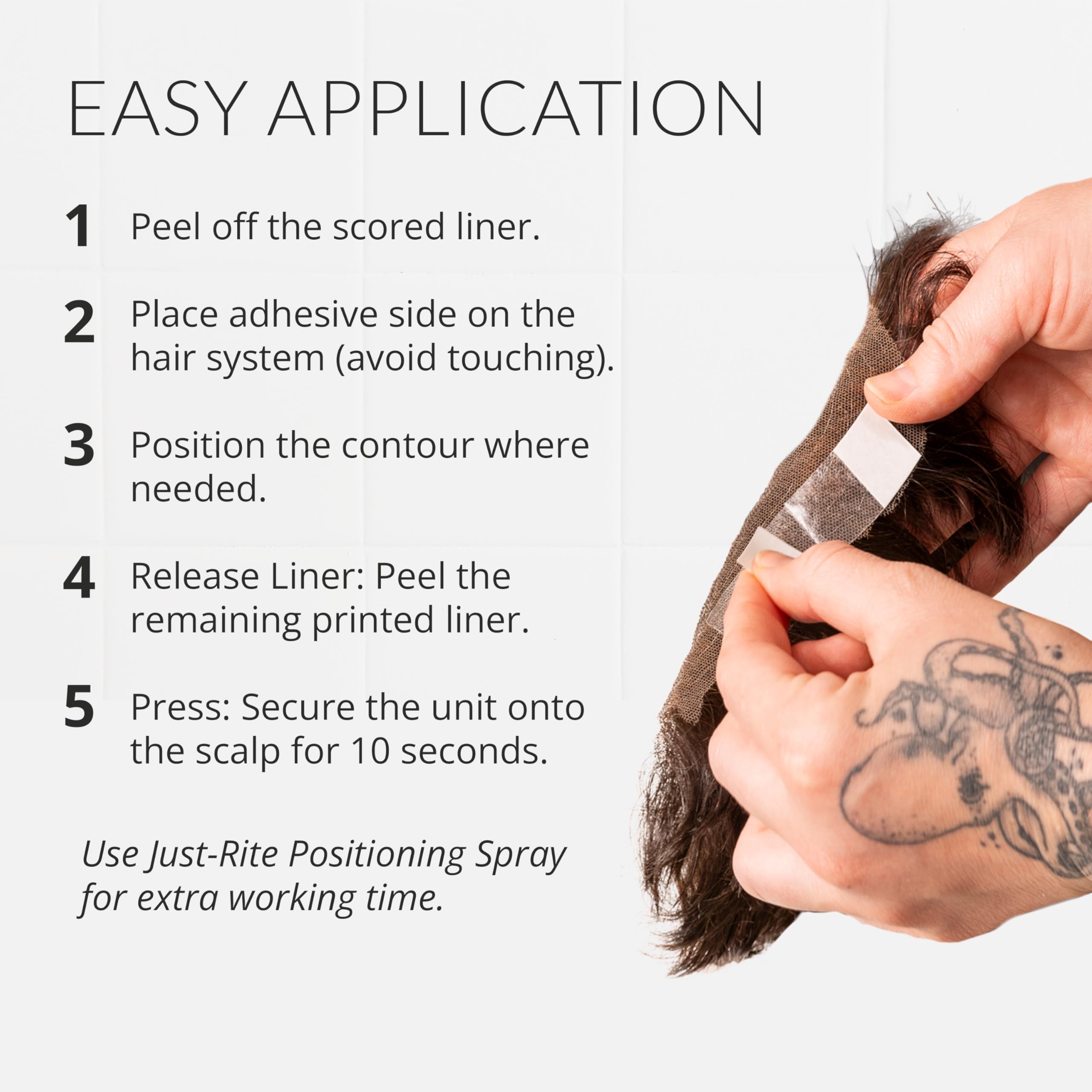 Walker Tape Ultra Hold clear-drying adhesive image highlights invisible finish on lace and real hair.