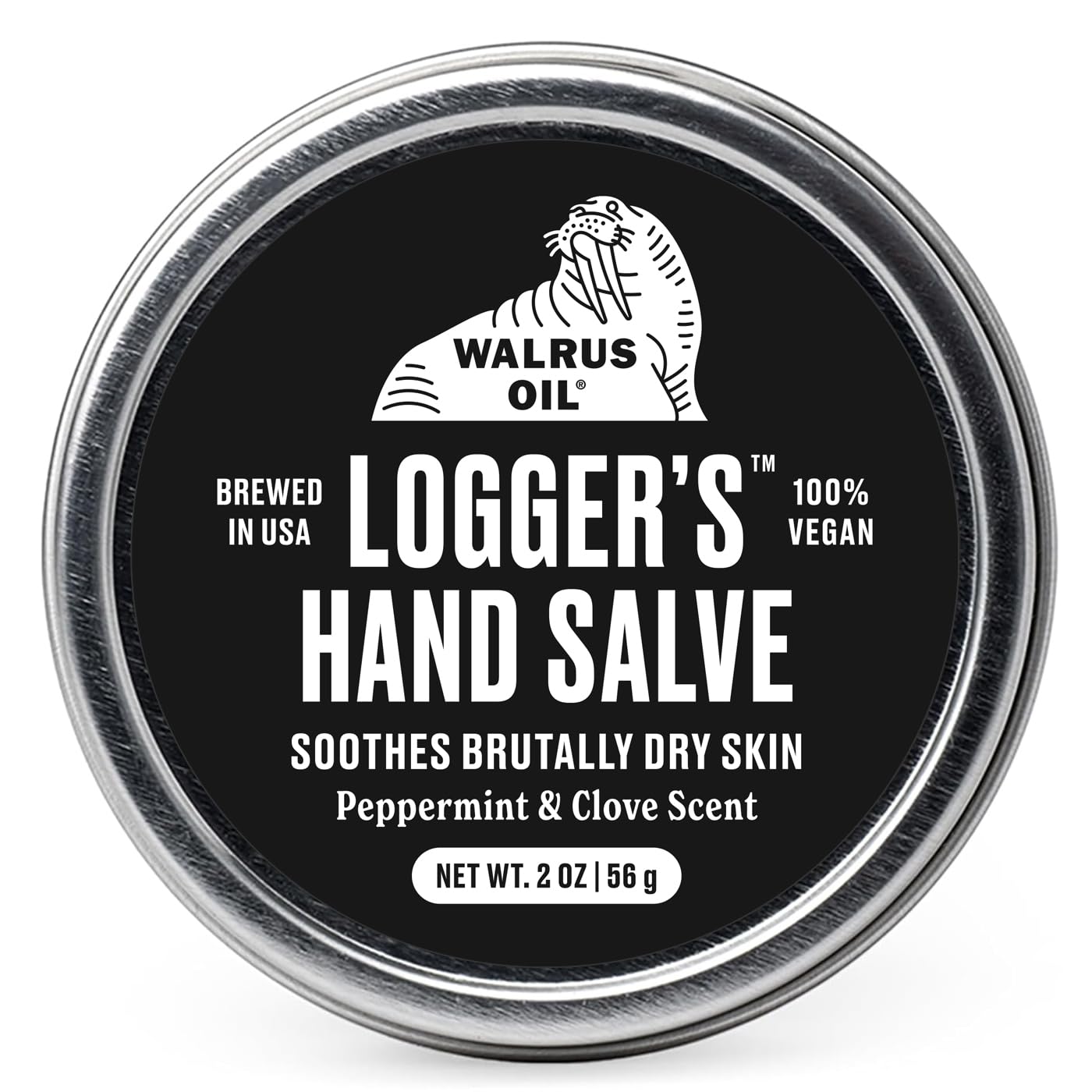 Walrus Oil Logger's Hand Salve jar shows creamy vegan formula for dry hands.
