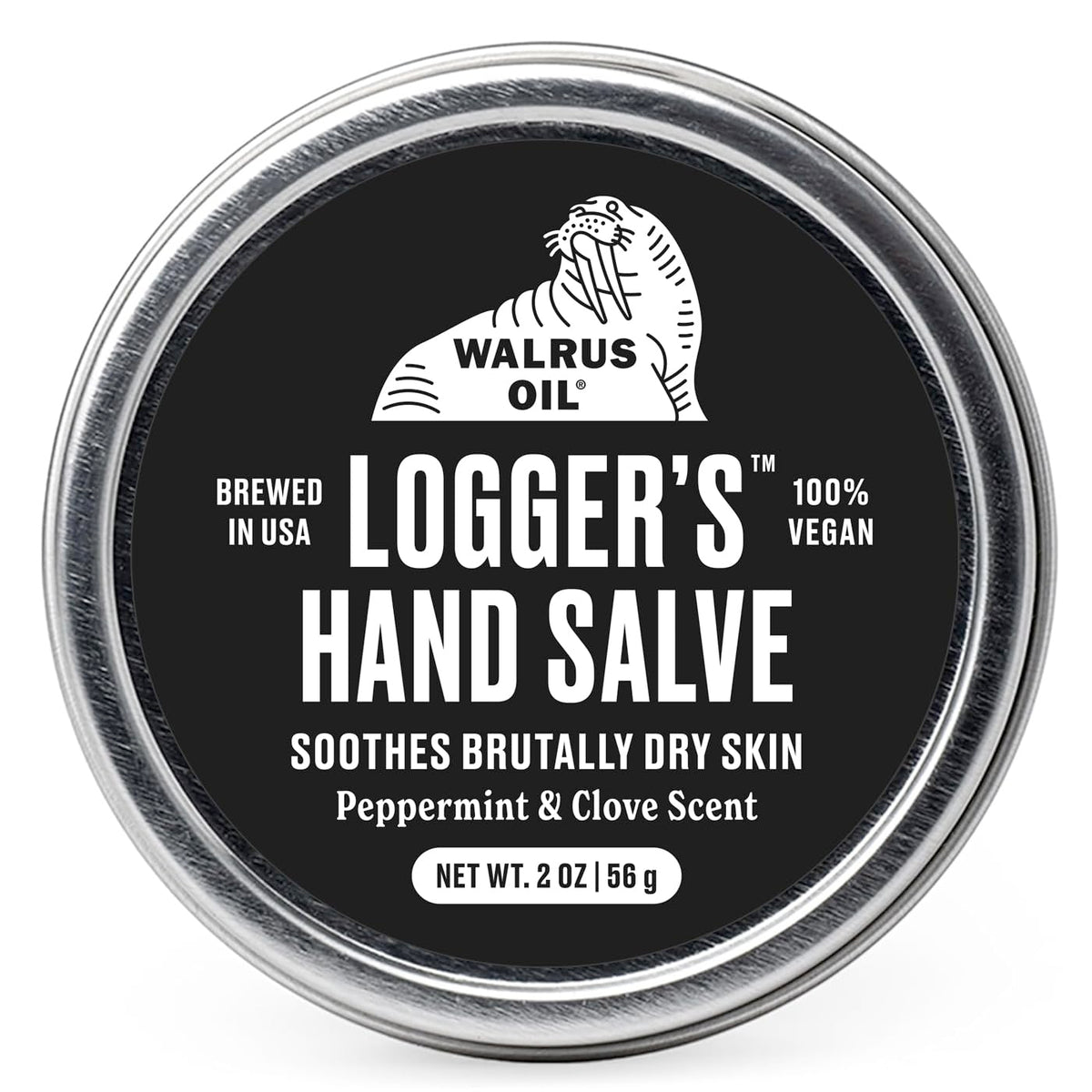 Walrus Oil Logger's Hand Salve jar shows creamy vegan formula for dry hands.