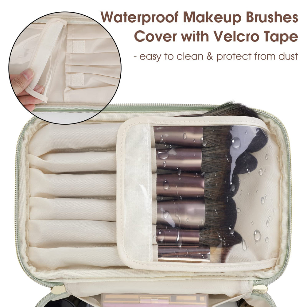 Wandering Nature makeup bag sage-green top compartment highlights brush slots for travel-ready kits