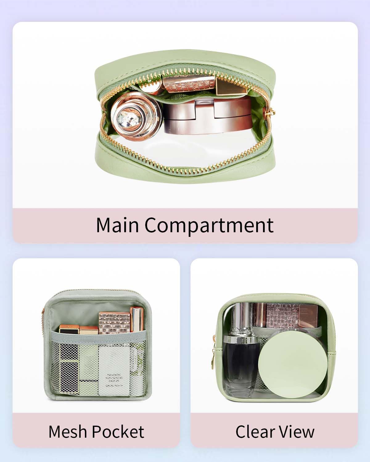 Wandering Nature mini transparent makeup bag keeps items visible and organized.