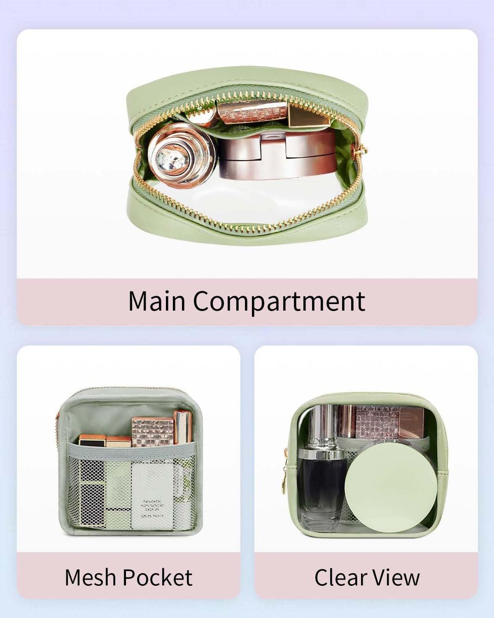 Wandering Nature mini transparent makeup bag keeps items visible and organized.