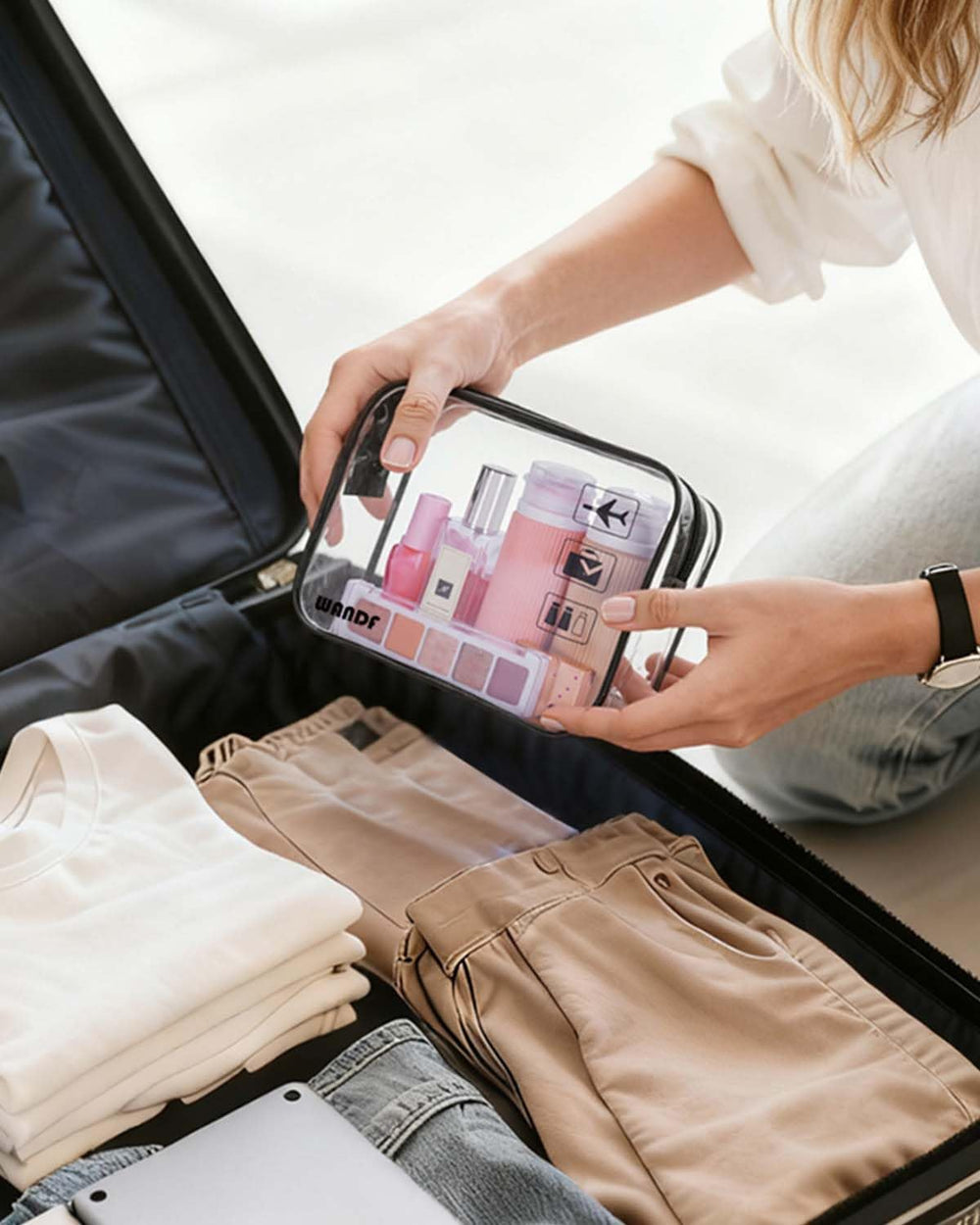 WANDF clear bag during hotel stays or flights keeps essentials organized.