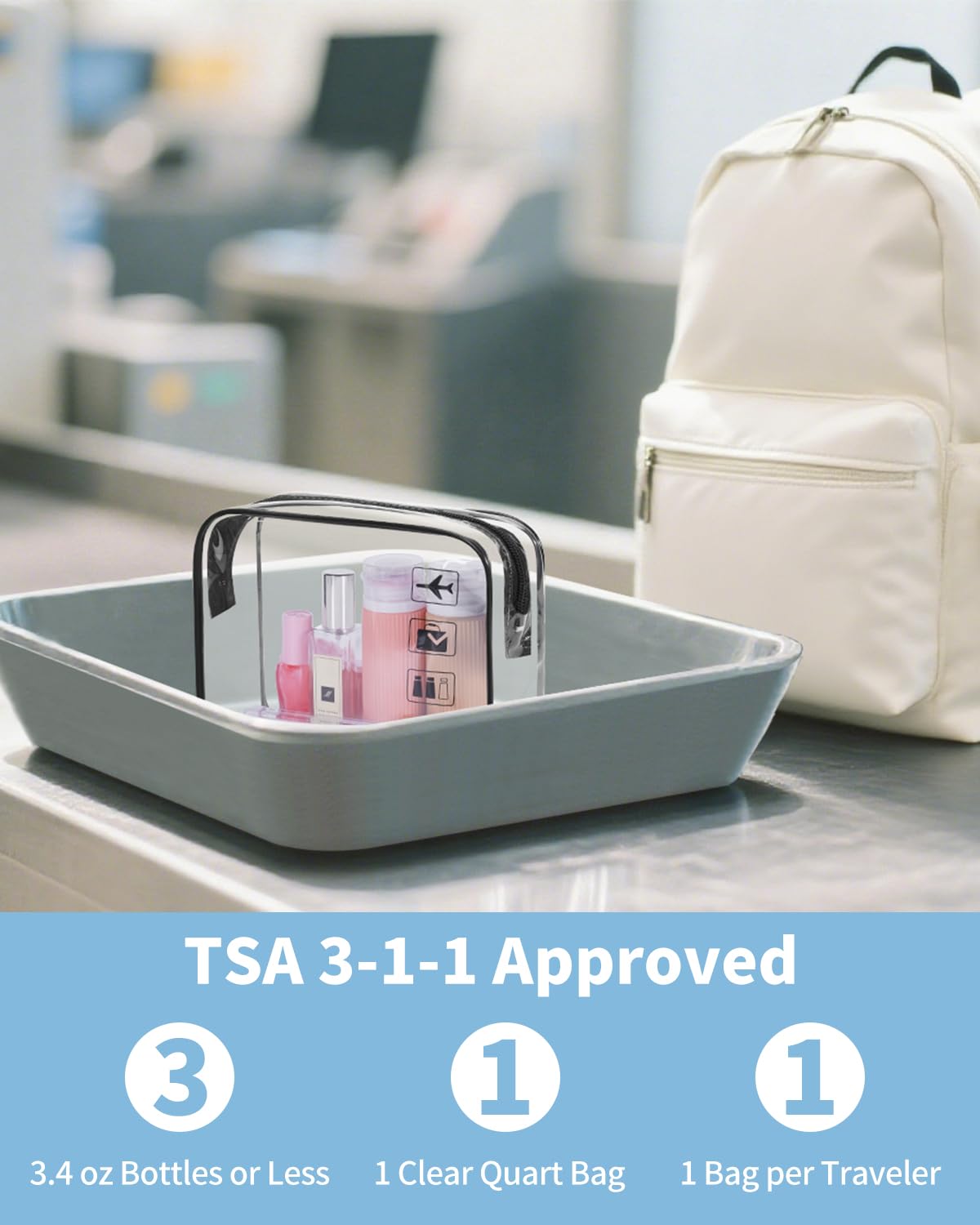 WANDF clear quart-size bag with zipper for easy packing and visibility.