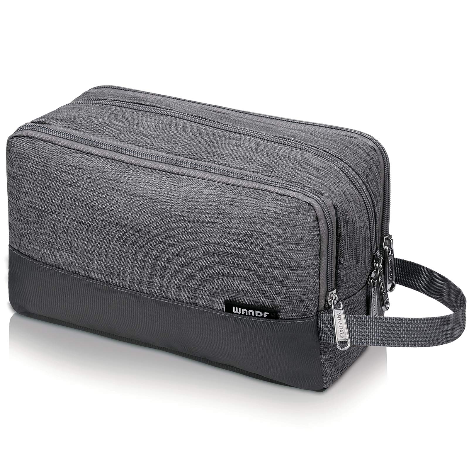 WANDF toiletry bag hanging in denim grey, ideal for easy access on trips.