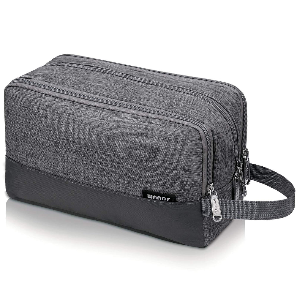 WANDF toiletry bag hanging in denim grey, ideal for easy access on trips.