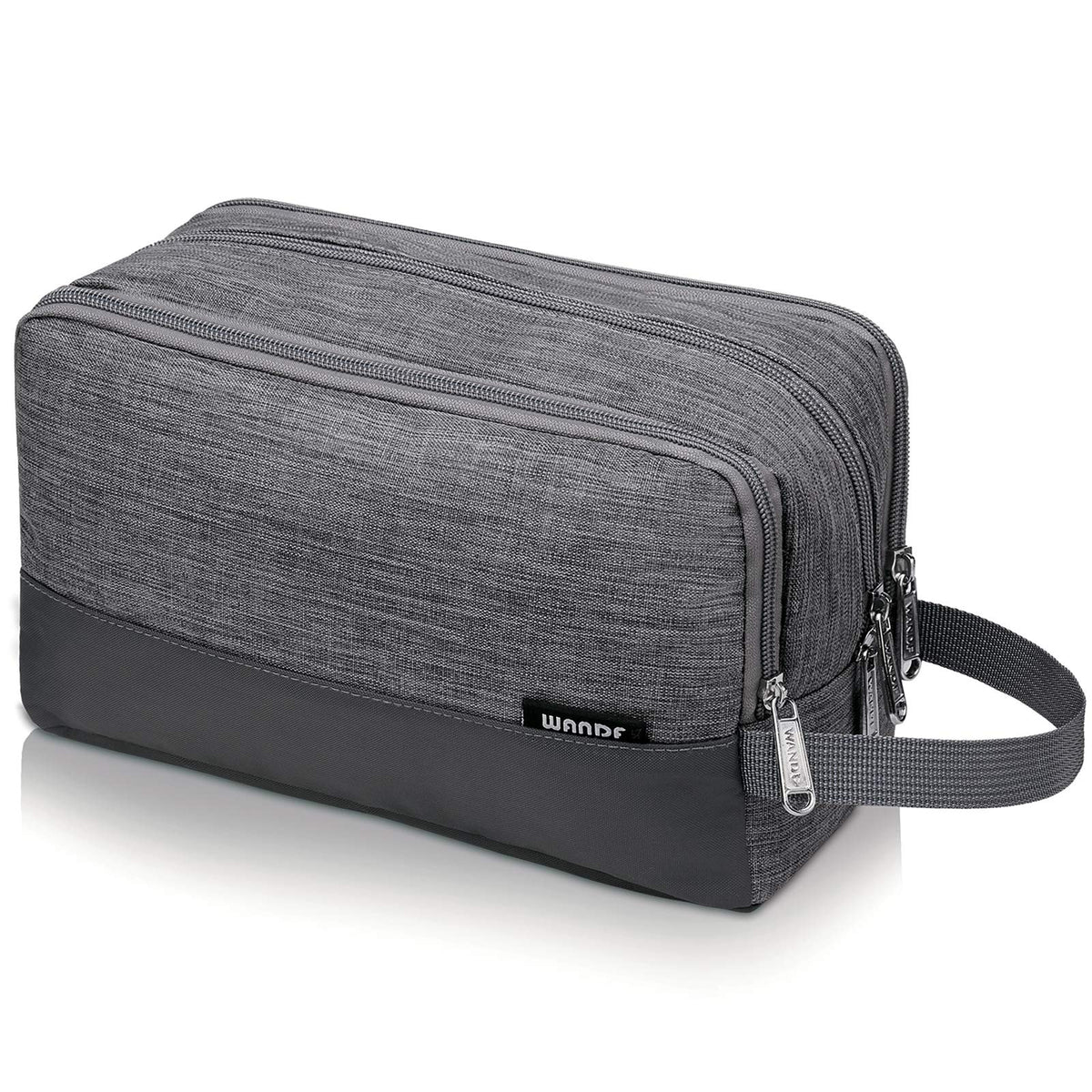 WANDF toiletry bag hanging in denim grey, ideal for easy access on trips.