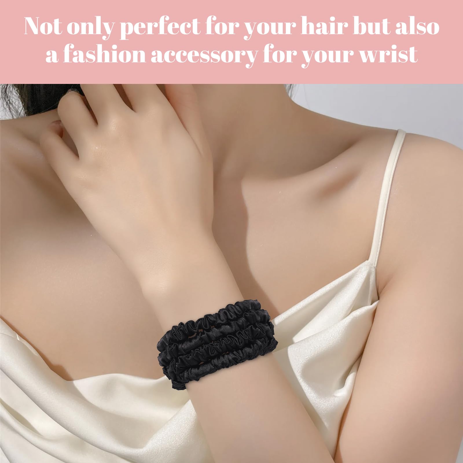 WantGor scrunchies satin negro: elástico resistente para cabellos gruesos.