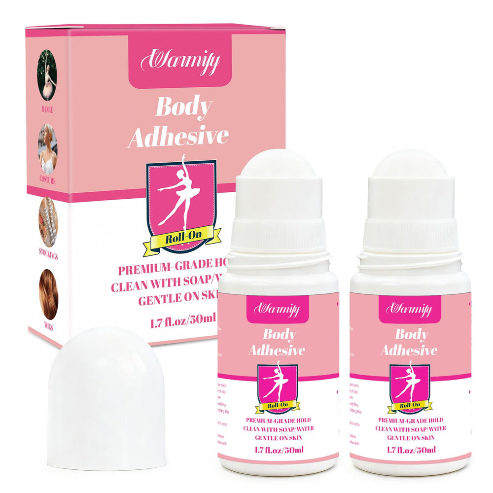 Warmify 2Pack Roll-On Body Glue applies smoothly for secure fabric adhesion on skin.