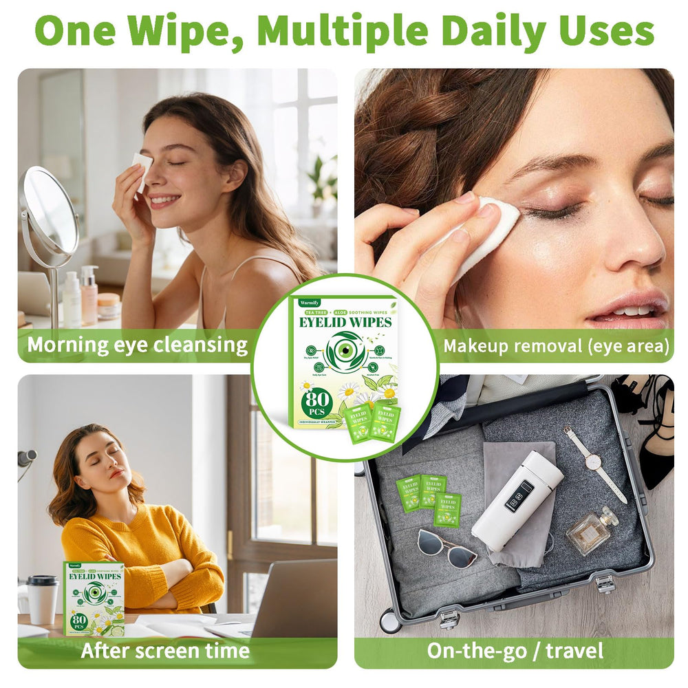 Warmify: ingredientes arbol-de-te, aloe vera y camomila para confort ocular.