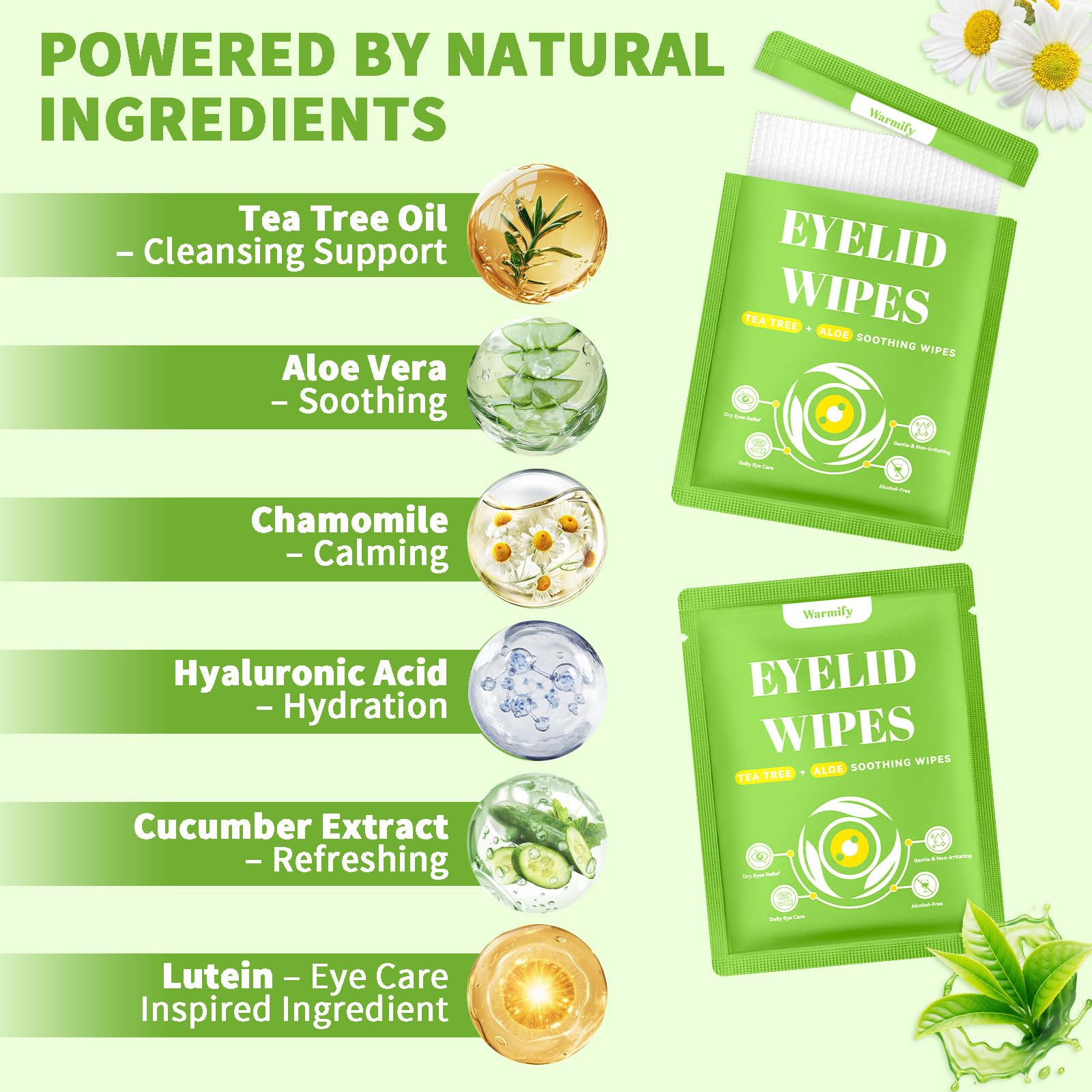 Warmify: toallitas limpiadoras diarias para párpados con aceite de árbol de té.