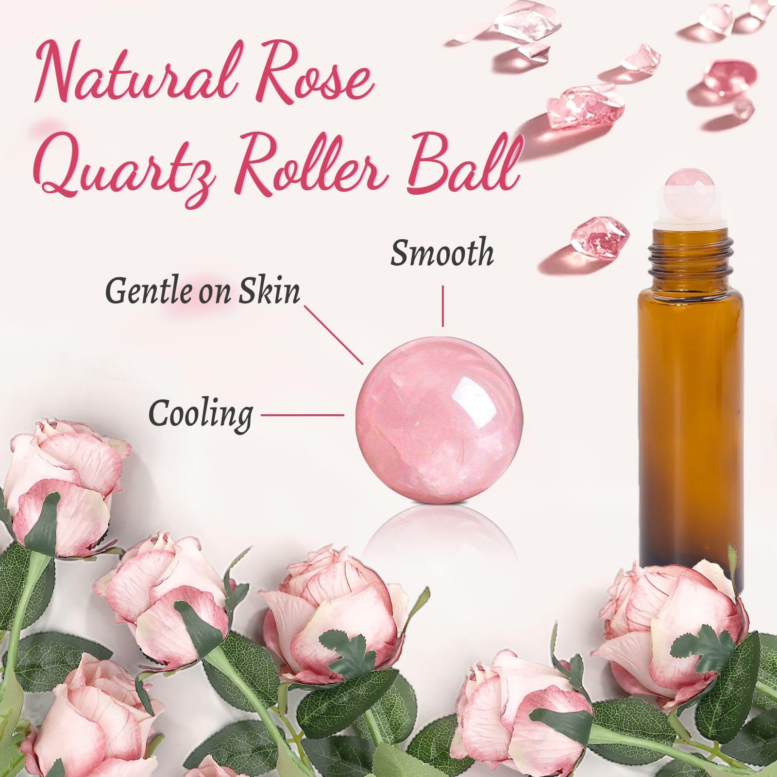 Warmify rose quartz roller bottle with rose gold cap for on-the-go aromatherapy