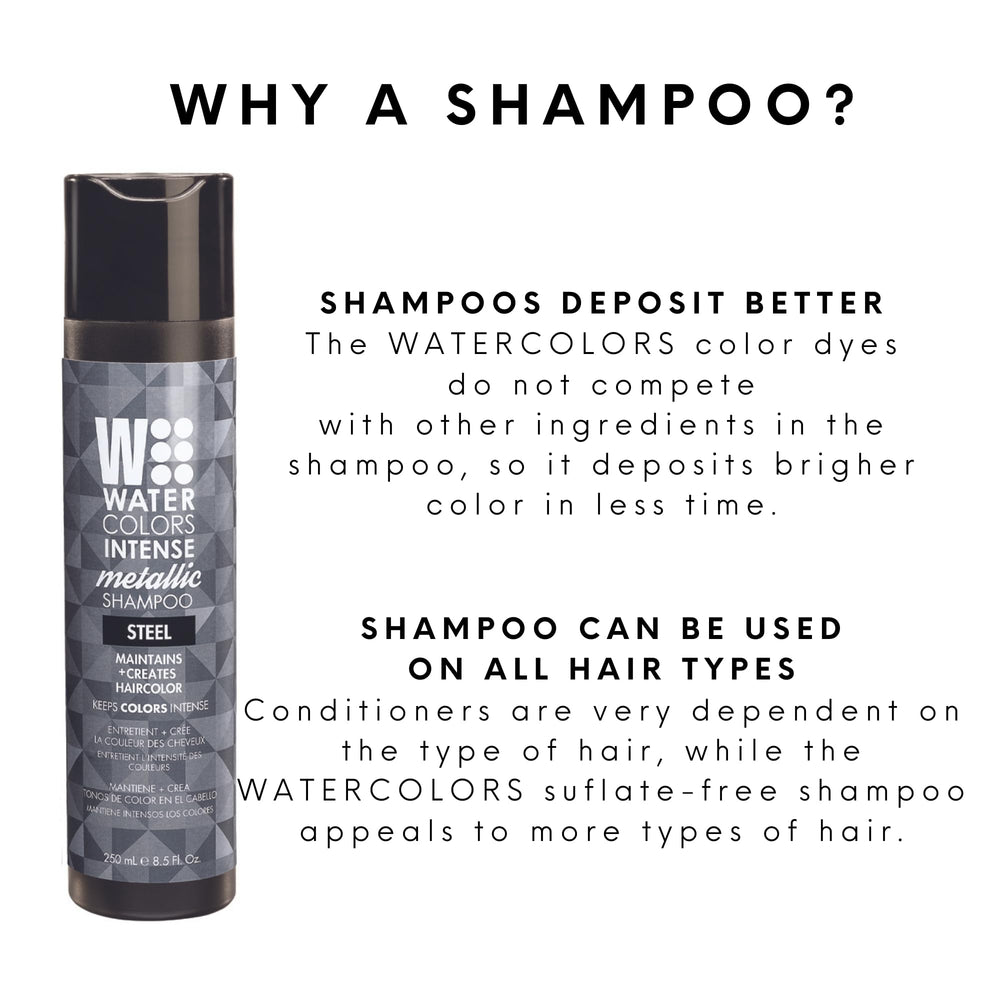 Watercolors INTENSE METALLIC shampoo on color-treated hair reveals brightness and shine.