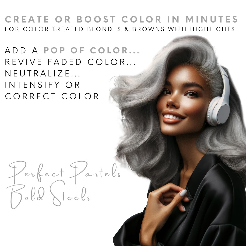 Watercolors INTENSE METALLIC shampoo pour emphasizes quick color refresh.