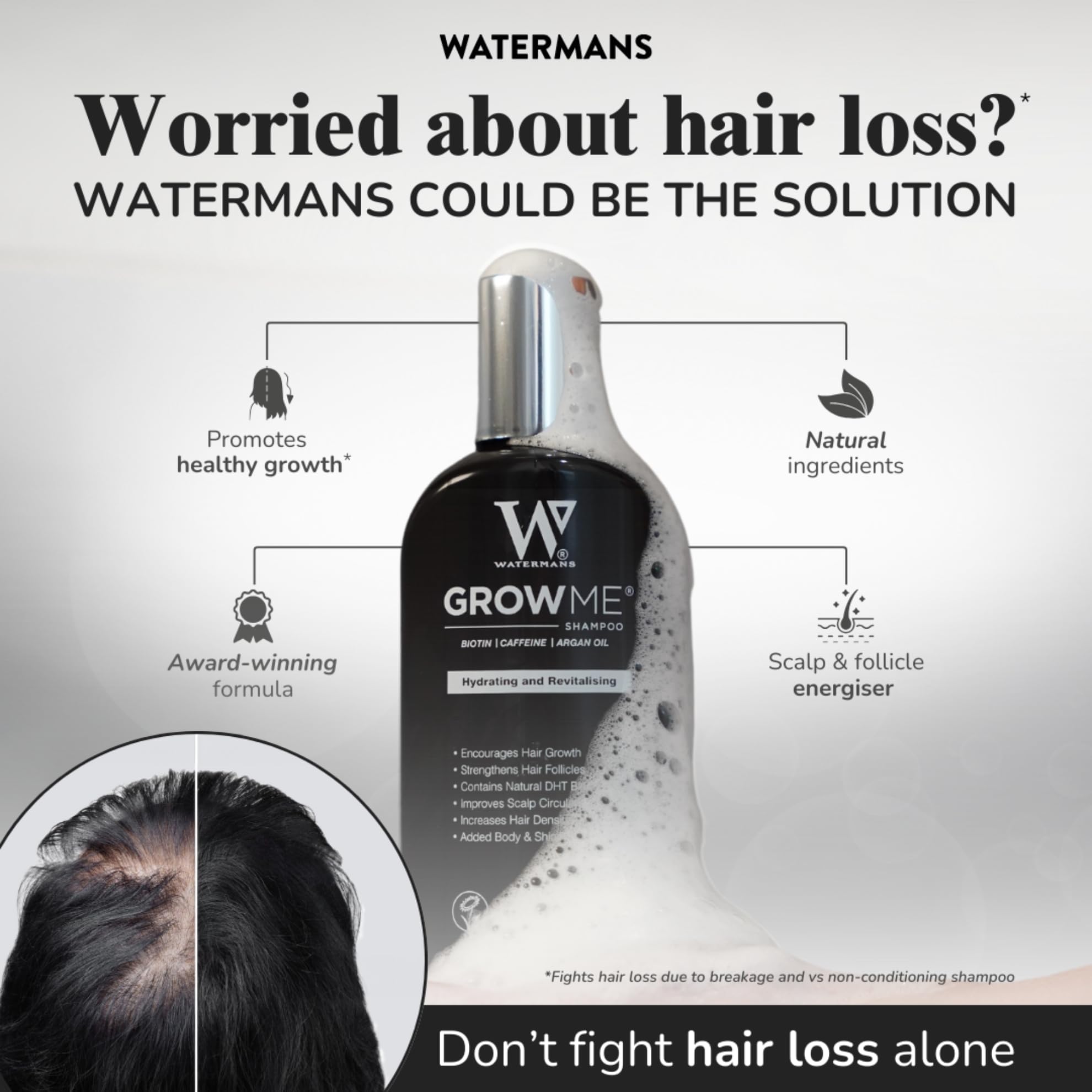 Watermans Grow Me conditioner bottle for thicker-looking hair and smoother manageability