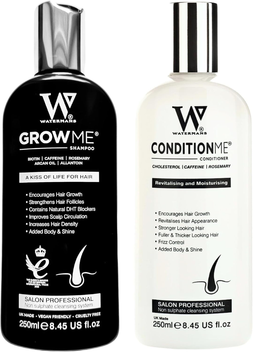 Watermans Grow Me shampoo bottle with biotin and argan oil for healthier scalp