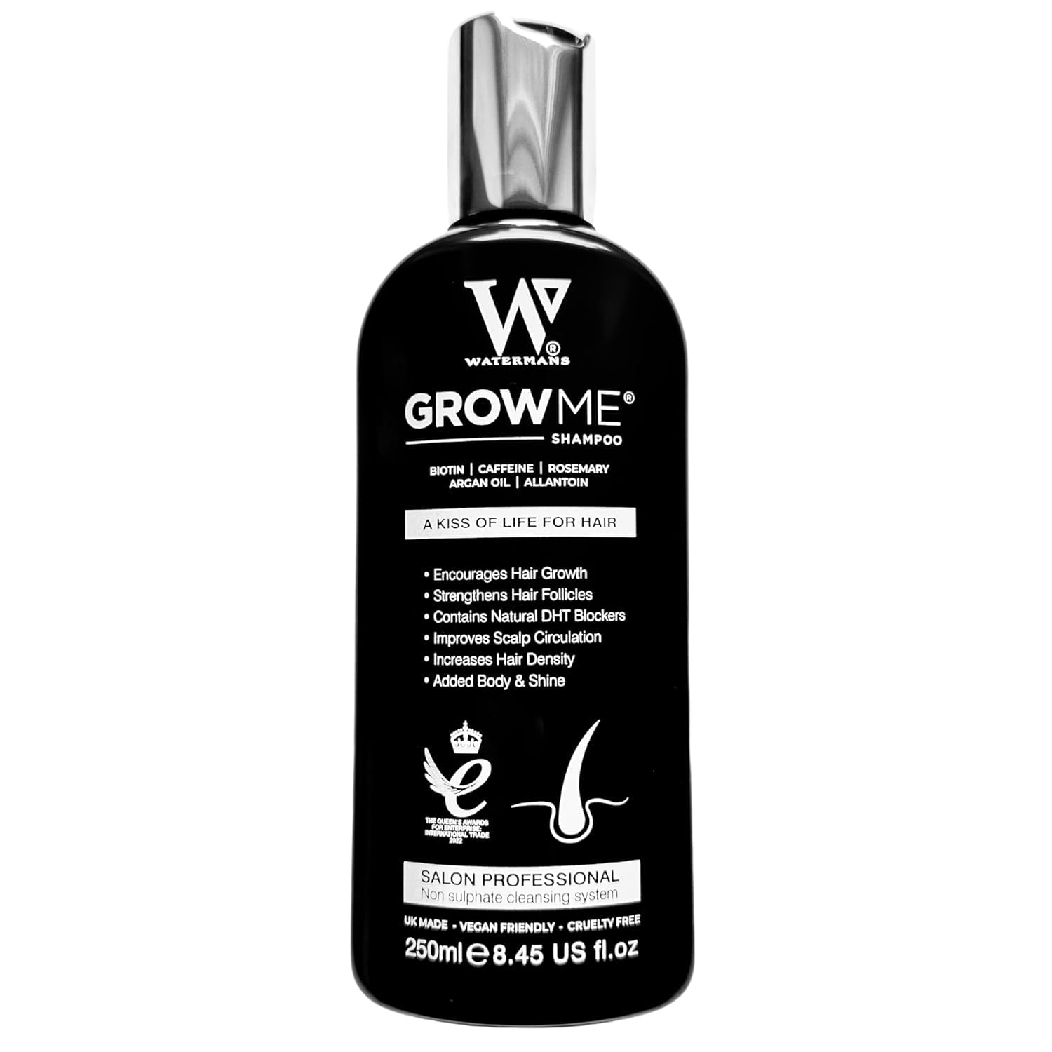 Watermans Grow Me Shampoo, botella frontal, ideal para uso diario y cabello con más volumen.