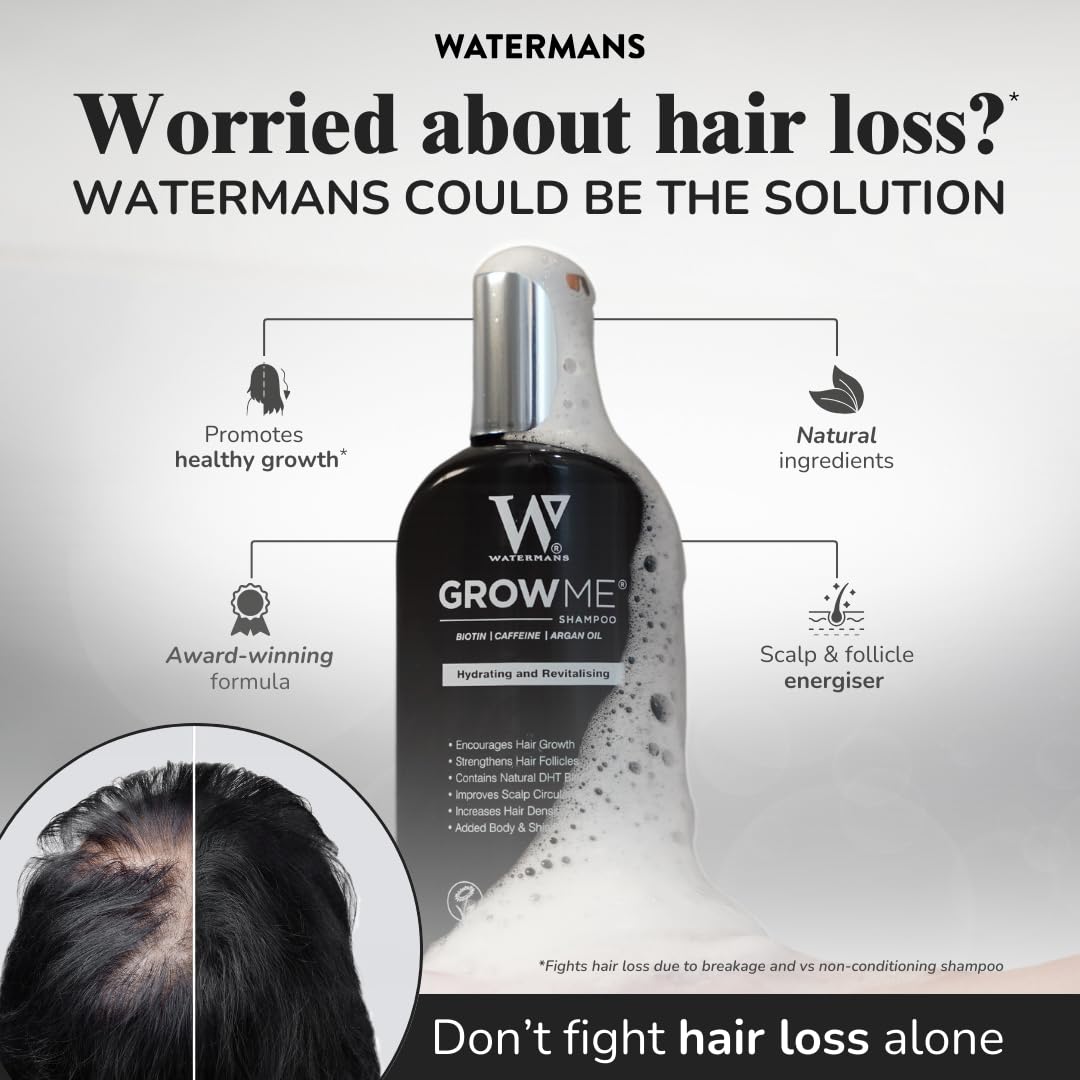 Cabello húmedo tras lavar con Watermans Grow Me Shampoo, brillo y vitalidad visibles.