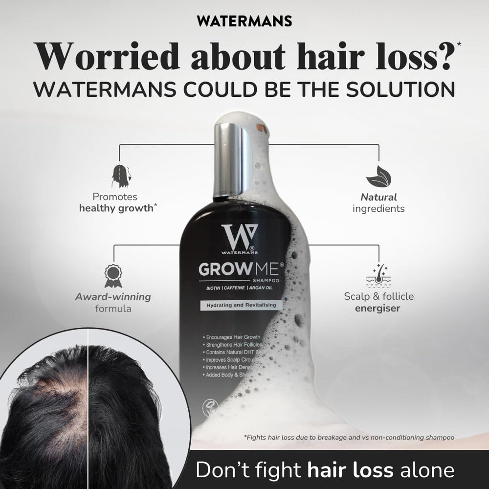 Cabello húmedo tras lavar con Watermans Grow Me Shampoo, brillo y vitalidad visibles.