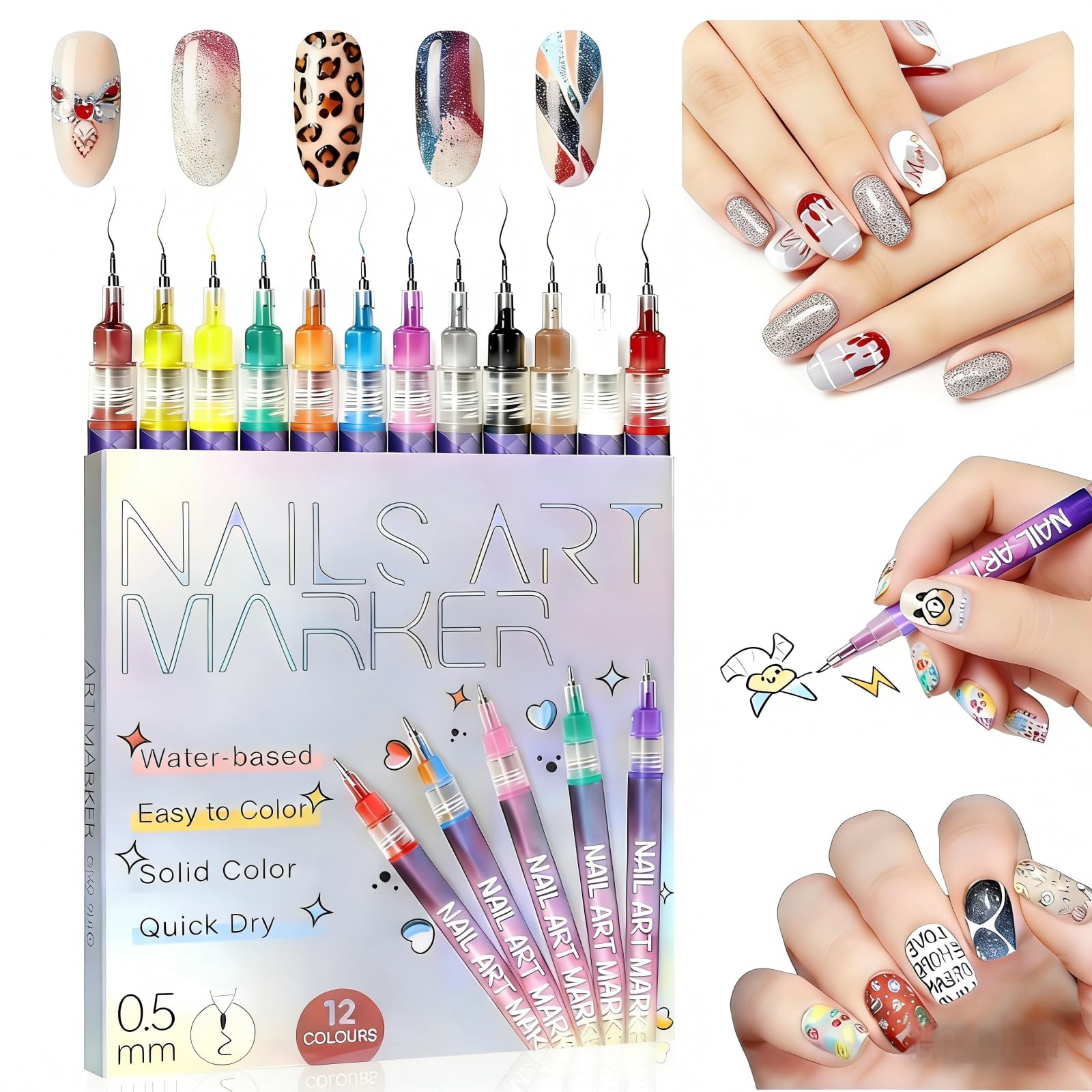 Watofun Nail Art Pens 12 colors swatch for versatile designs