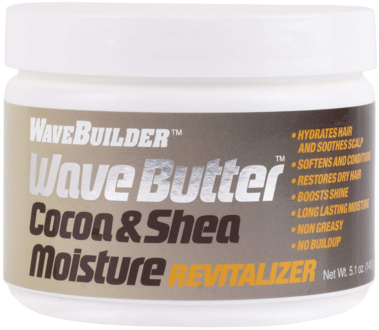 Wavebuilder Cocoa and Shea Wave Butter jar moisturizes wavy hair with rich texture.