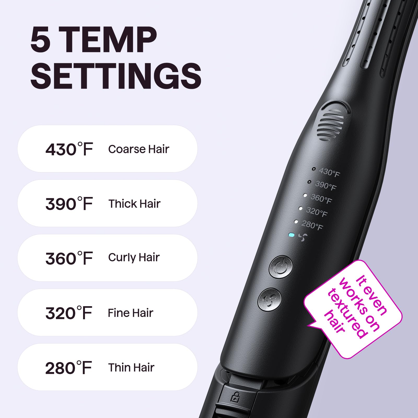 Wavytalk 5 heat settings customize temperature for different hair.