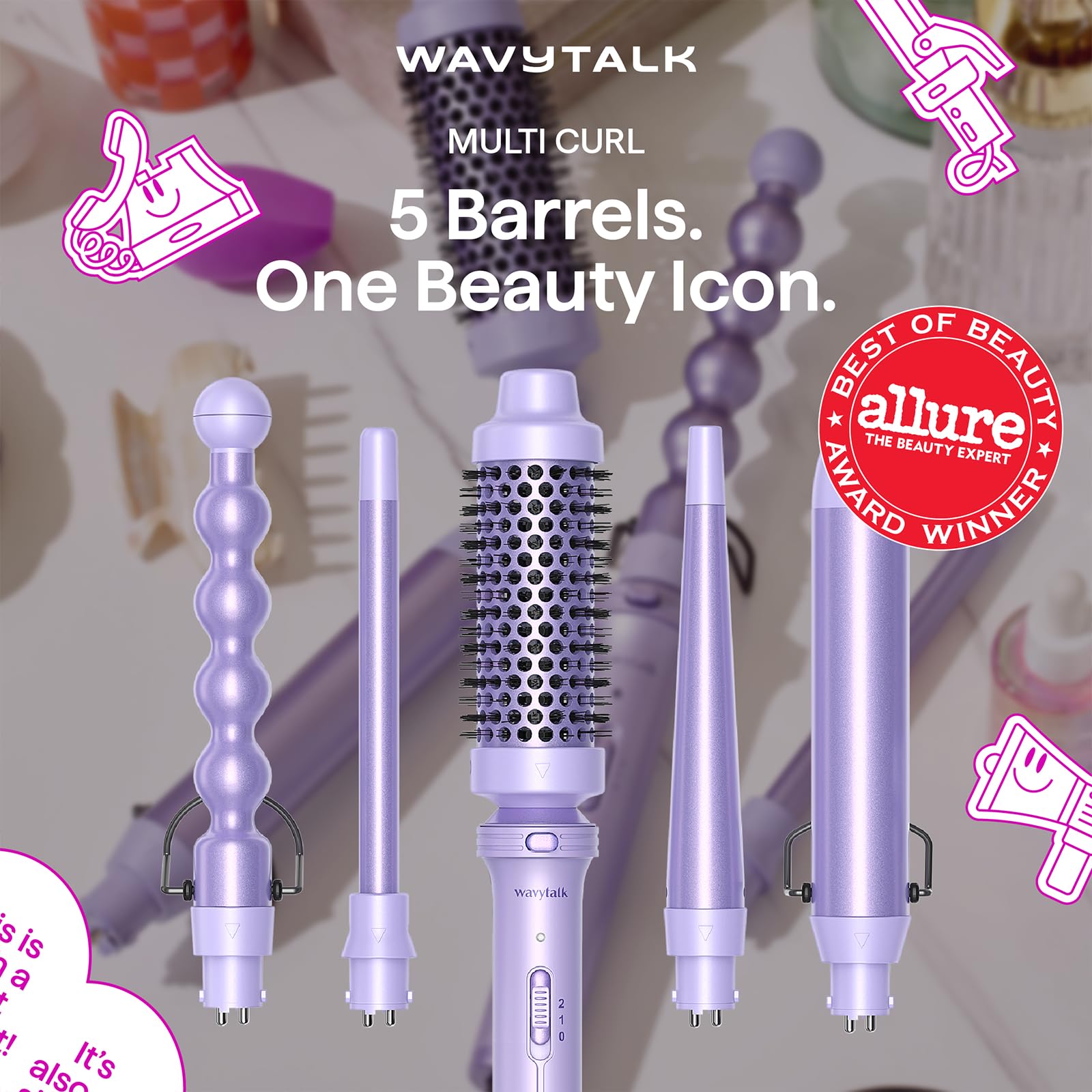 Wavytalk 5-in-1 with 0.5-1 inch tapered barrel for versatile curls.