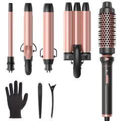 Wavytalk 5-in-1 curling wand set in rose pink for versatile styling.