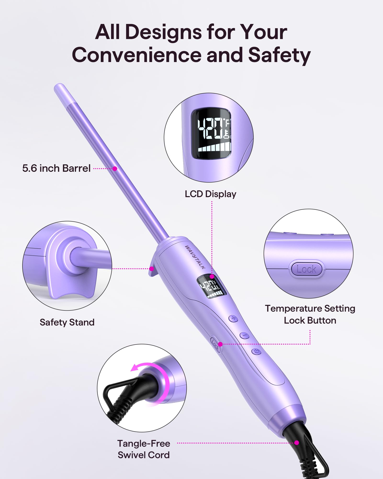 Wavytalk curling iron features a 60-minute auto shut-off for safer styling.