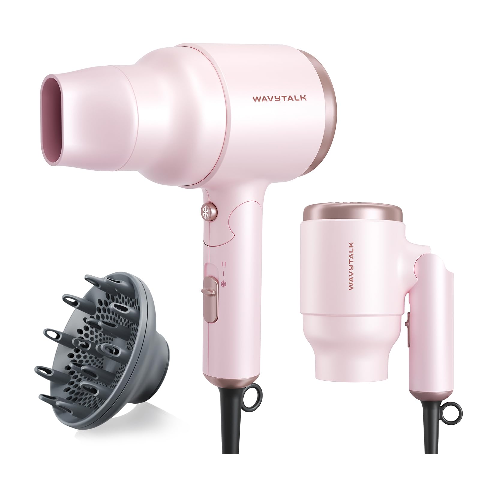 Wavytalk blow dryer with diffuser in compact travel design.