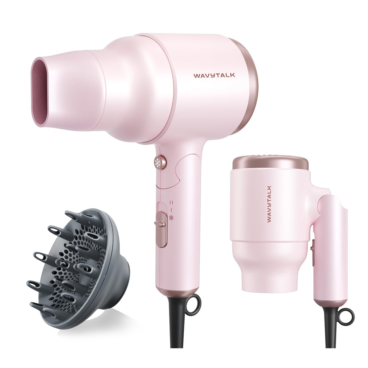 Wavytalk blow dryer with diffuser in compact travel design.