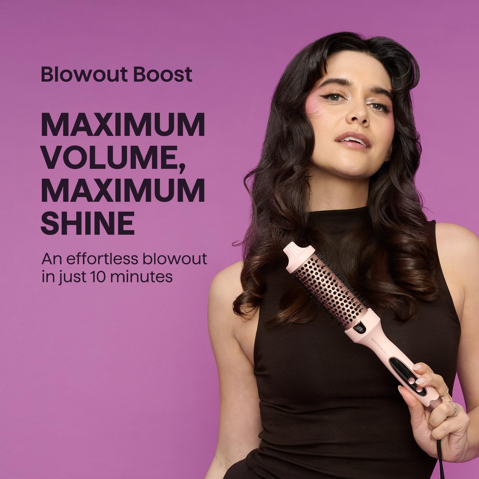 Wavytalk Blowout Boost dual voltage label for travel-ready styling.