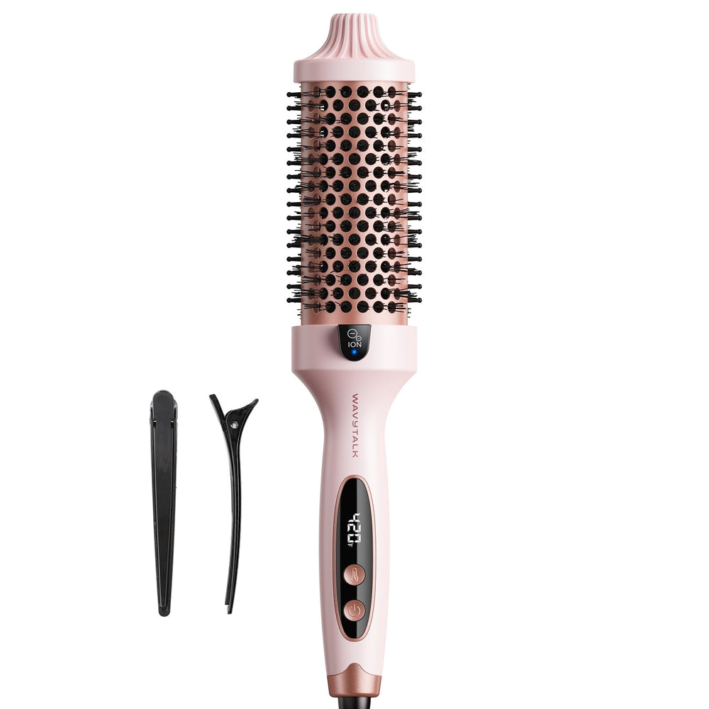 Wavytalk Blowout Grande pink heated brush front view offering salon-like volume.
