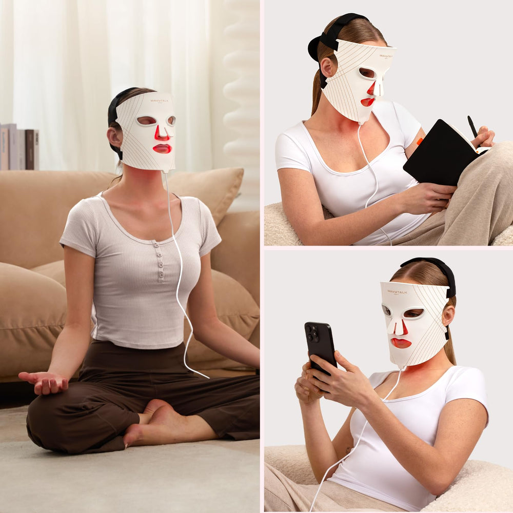 Wavytalk glow time mask in use demonstrating multi-wavelength treatment options.