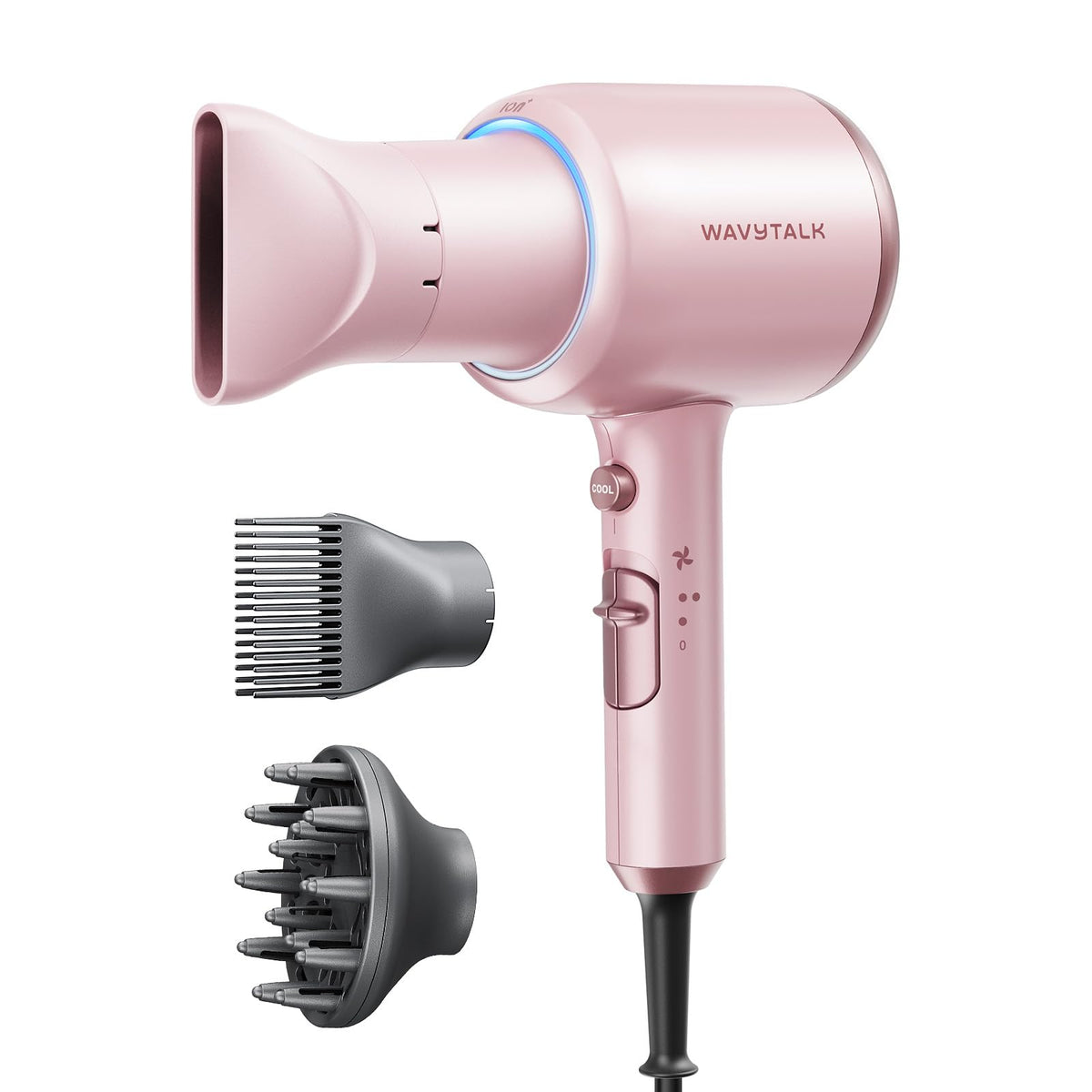 Wavytalk hair dryer front view showing 1875W power for fast drying and smooth finish