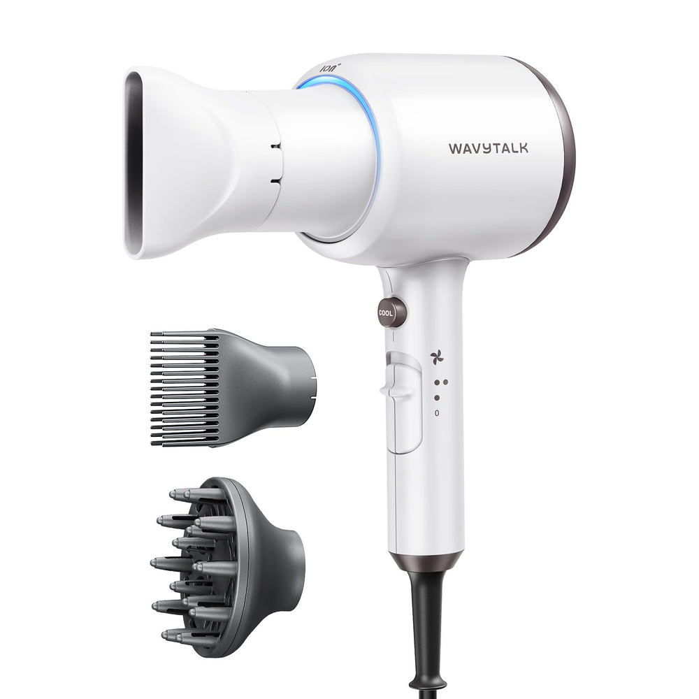 Wavytalk hair dryer front view in white for fast, salon-like drying.