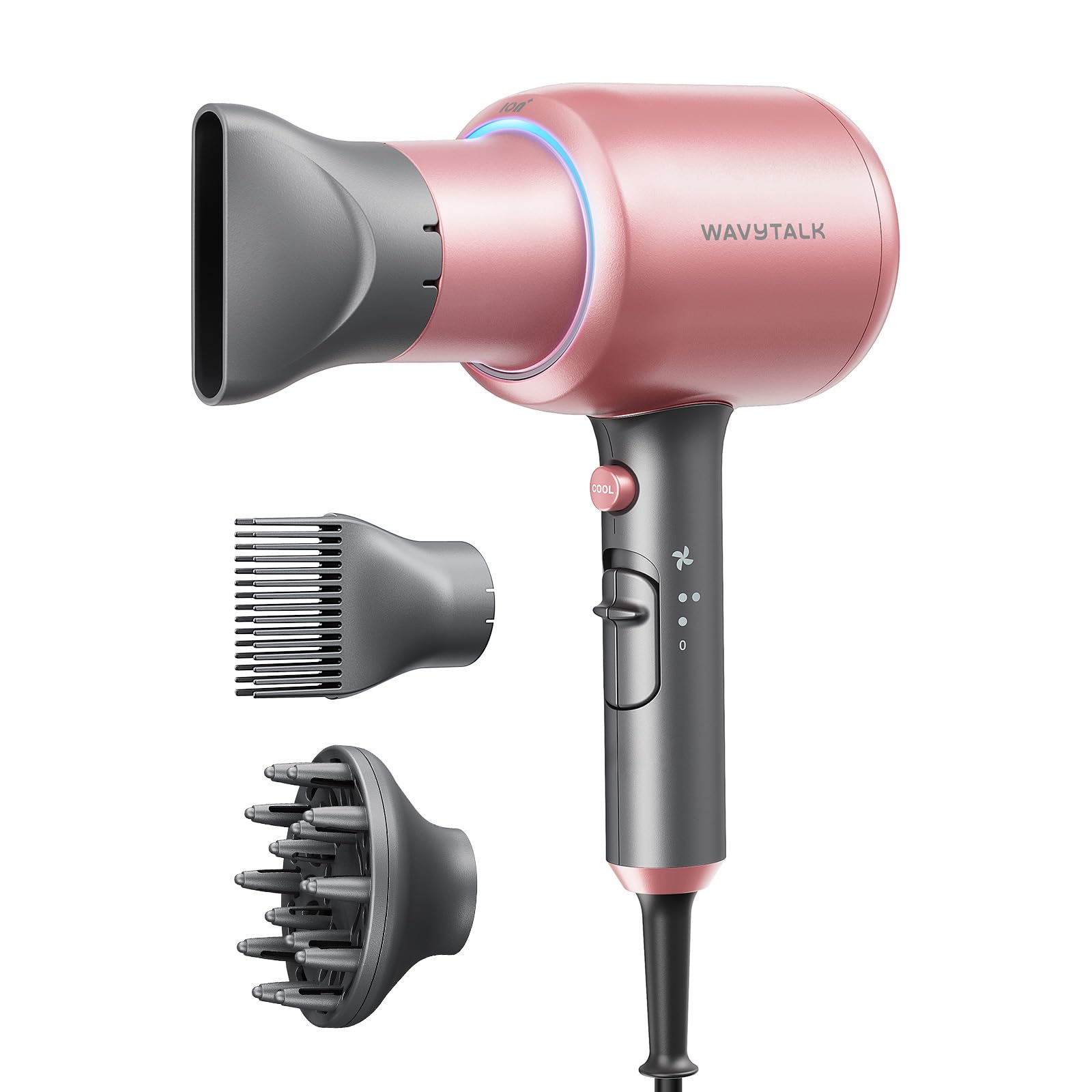 Wavytalk hair dryer in rose gold, front view for quick styling at home.