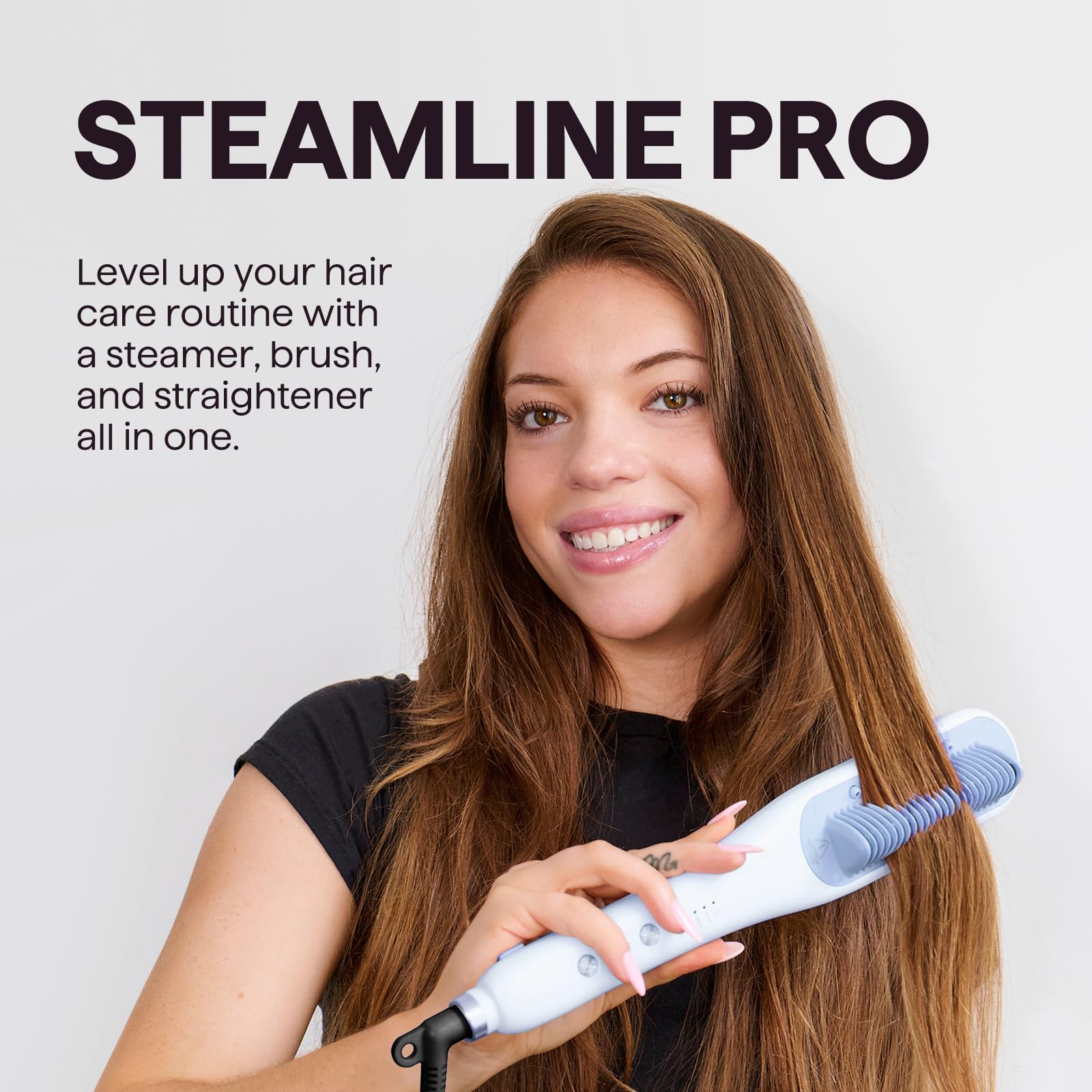 Wavytalk Pro Steam Hair Straightener Brush demonstrates Hydro-Infusion for hydrated strands