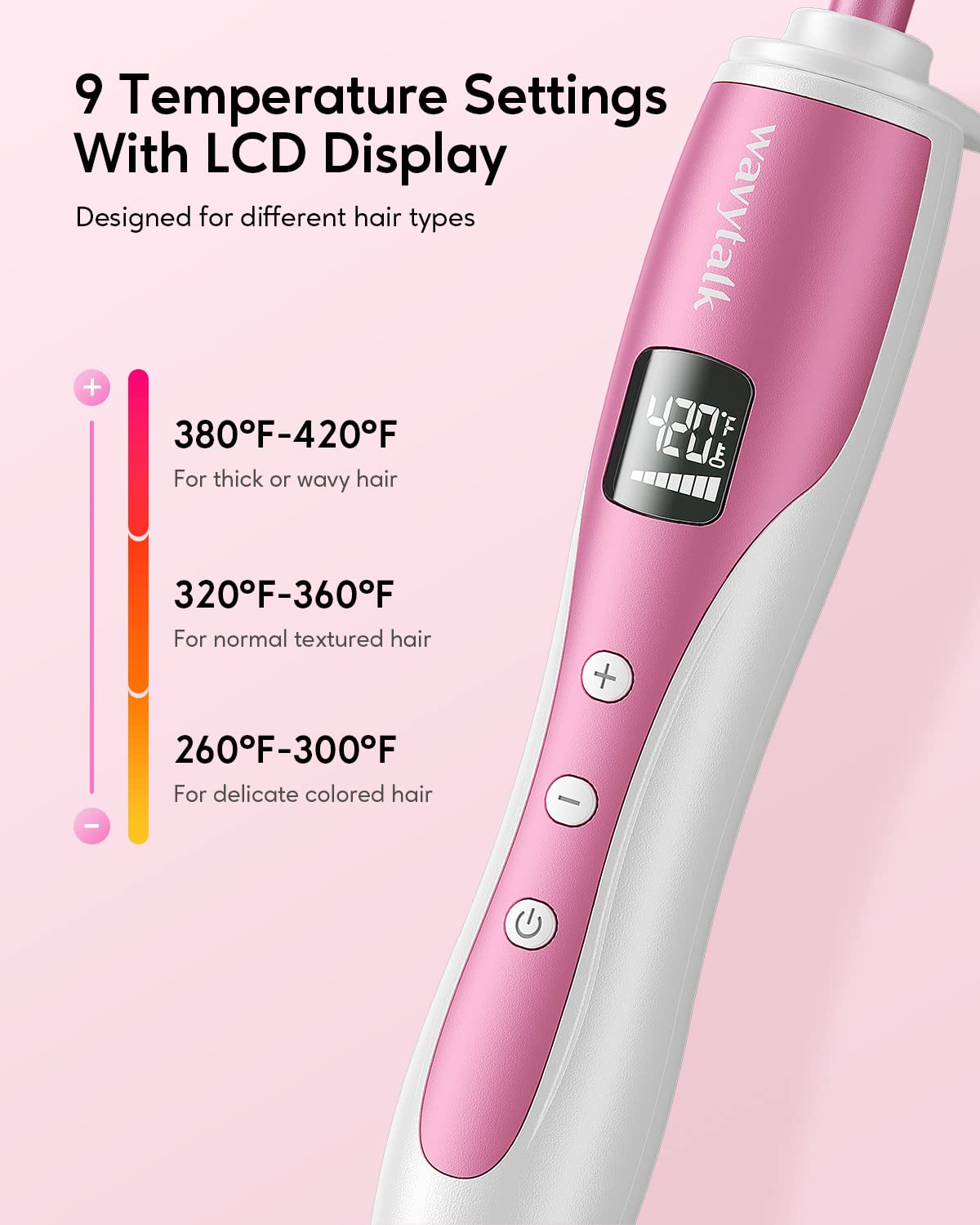 Wavytalk LCD display enables precise temperature control during styling.