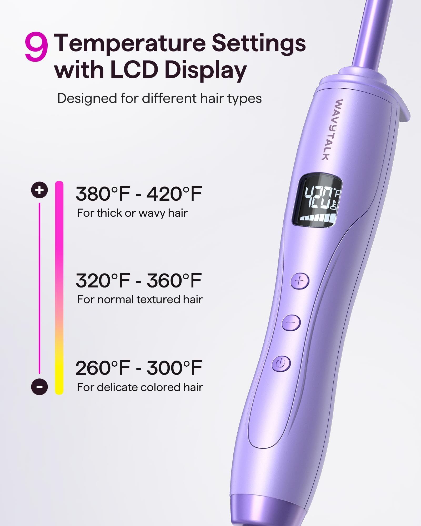Wavytalk curling iron LCD display enables easy temperature control during styling.