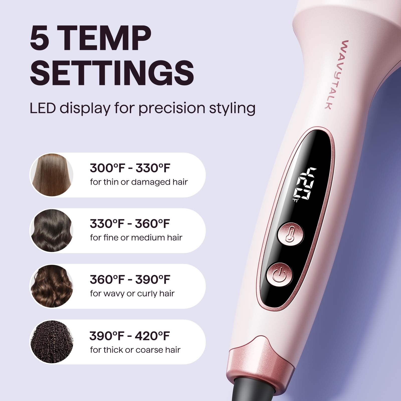 Wavytalk thermal brush with five temperature settings for tailored styling across hair types.