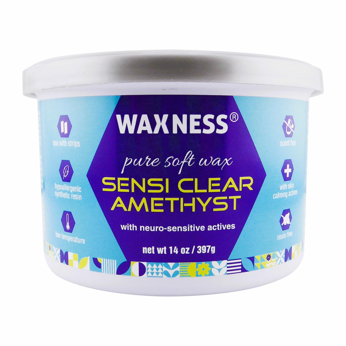 Waxness Sensi Clear Amethyst wax tin showing transparent gel texture for precise strip waxing