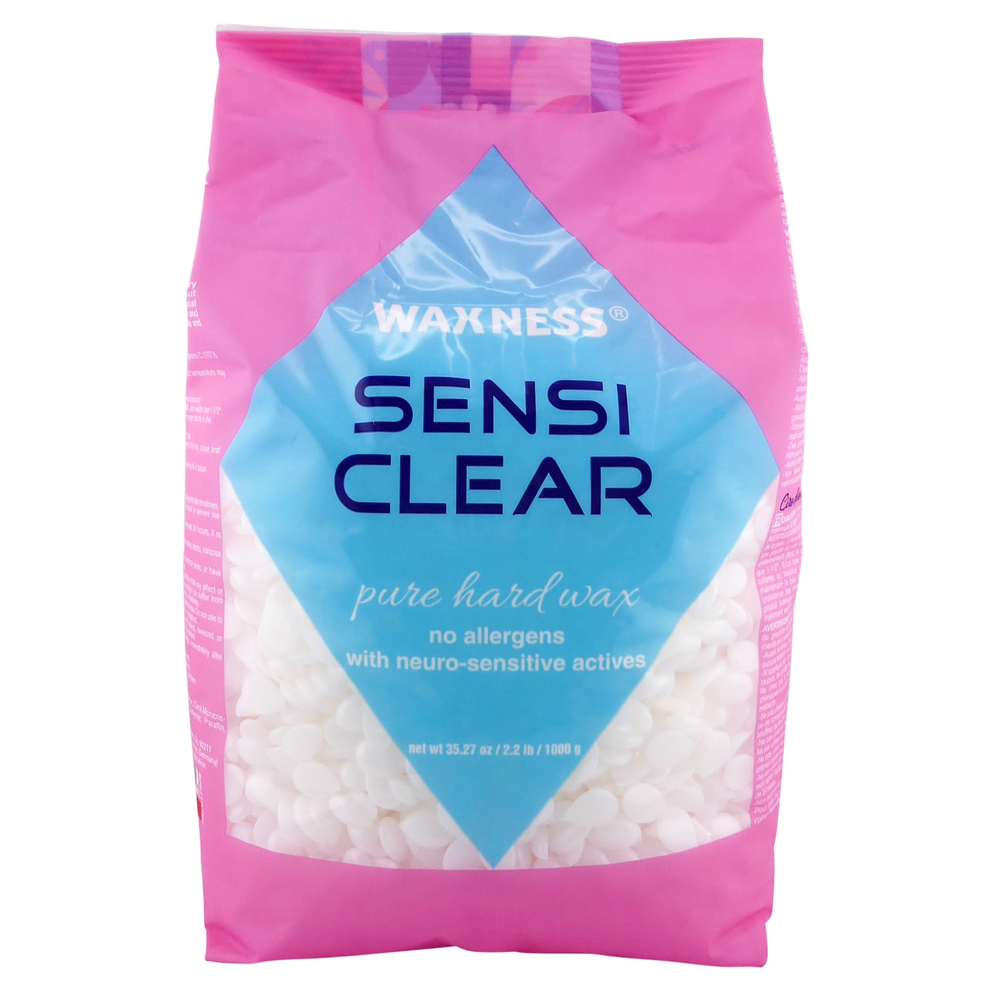 Waxness Sensi Clear hard wax beads for precise stripless hair removal on face and body.