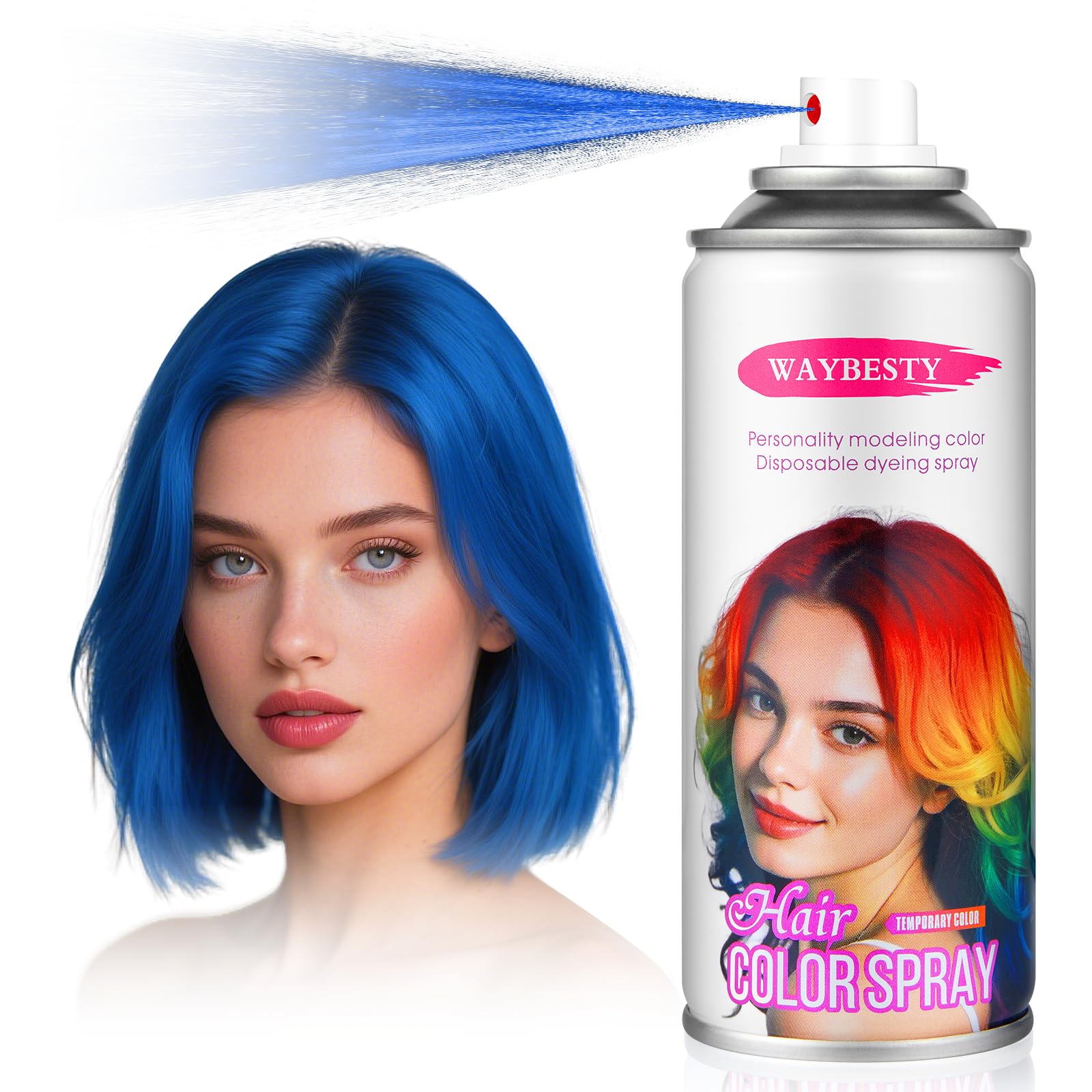 Waybesty temporary hair color spray blue packaging shows bold party shade.