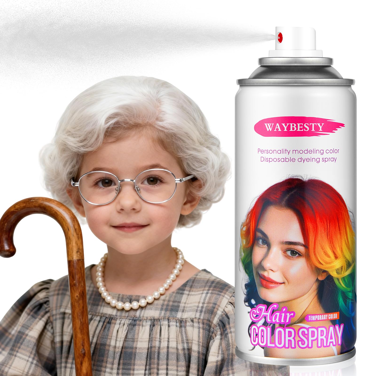 Waybesty white temporary hair color spray packaging showcases easy washout for all ages.