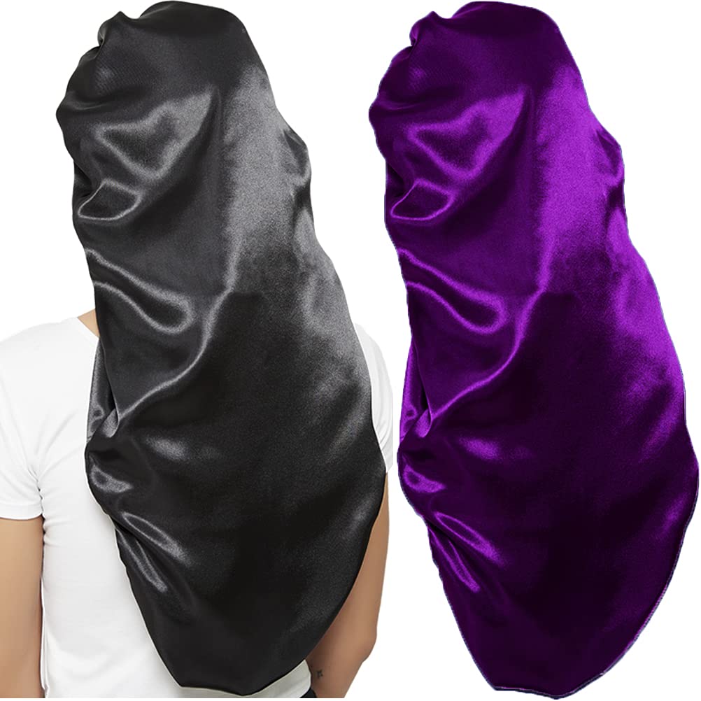 Wbfwbb satin hair bonnet two-pack in black and purple protects curls while sleeping.